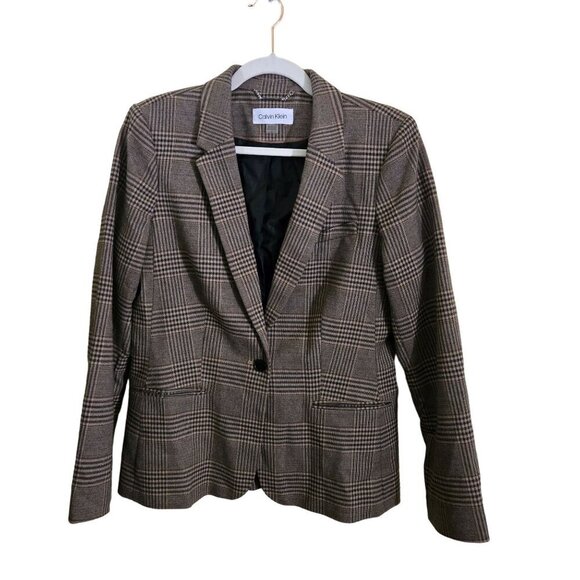 Calvin Klein Brown Plaid One Button Classic Dark Academia Blazer Size 10 - Picture 1 of 6